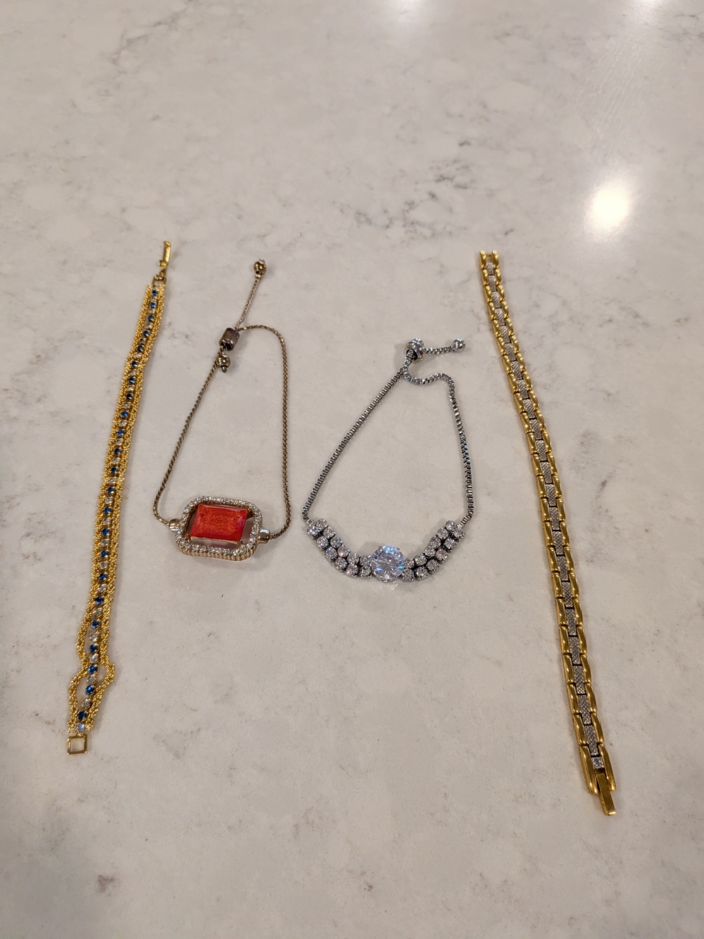 Elegant Mixed Metal Bracelet Set with Red Accent Stone Set Of 4